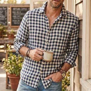 Vintage 90s J.CREW Oarsman 100% Linen Gingham Shirt Small Navy White